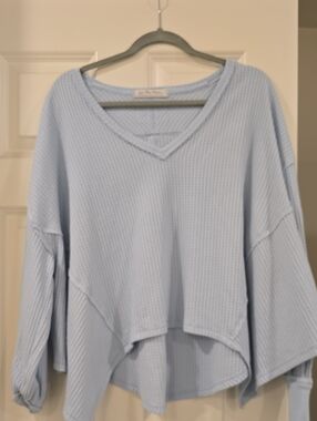 We The Free Light Blue Waffle V-Neck Pullover